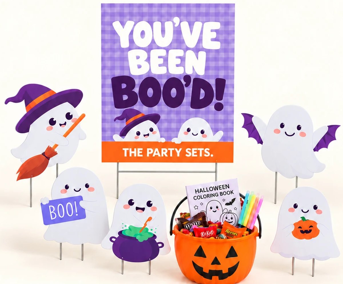 The full You&rsquo;ve Been Boo&rsquo;d set: yard sign, five ghost stakes and a jack-o&rsquo;-lantern bucket filled with candy, glow sticks and a Halloween coloring book