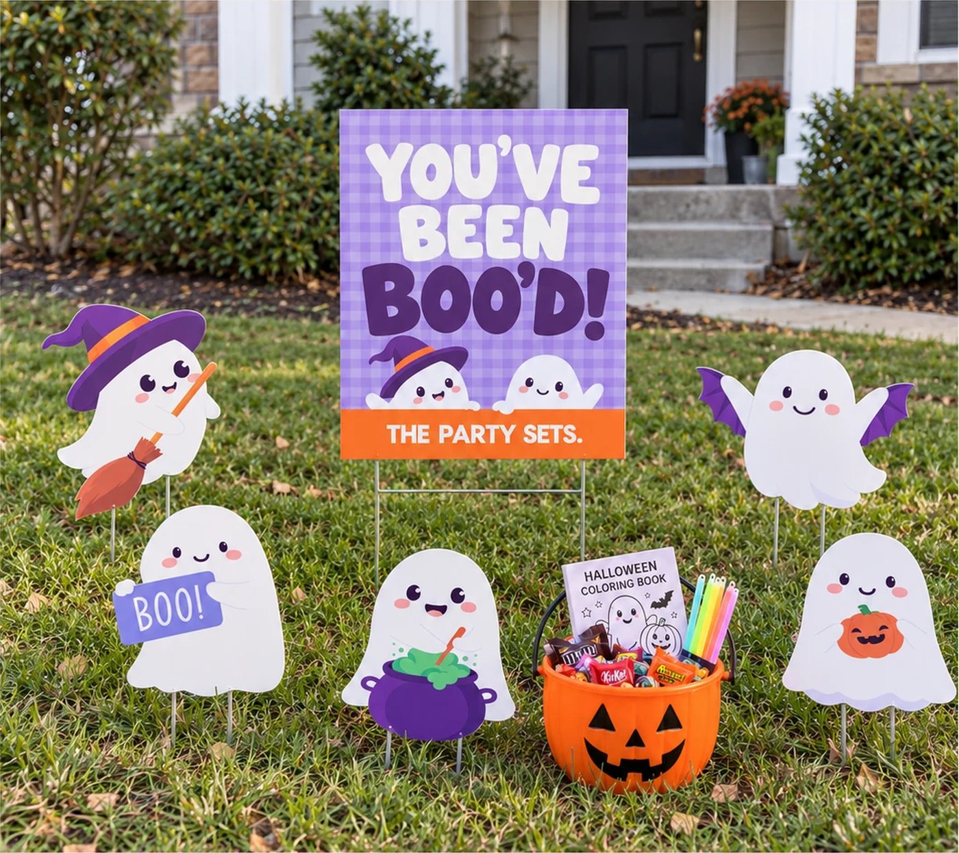 A You&rsquo;ve Been Boo&rsquo;d yard sign staked in a front lawn with five ghost stakes and a jack-o&rsquo;-lantern bucket of candy