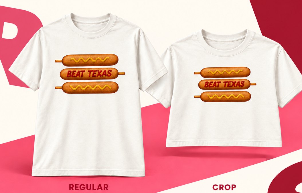 Beat Texas corn dog stack design on a regular tee and a crop