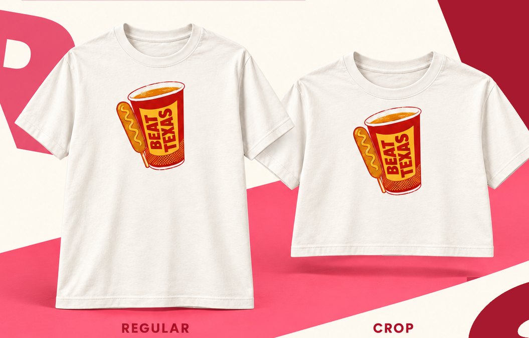 Beat Texas corn dog and drink design on a regular tee and a crop