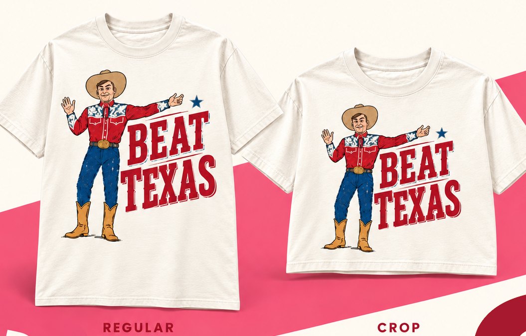 Beat Texas cowboy design on a regular tee and a crop