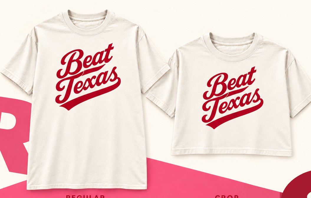 Beat Texas script design on a regular tee and a crop