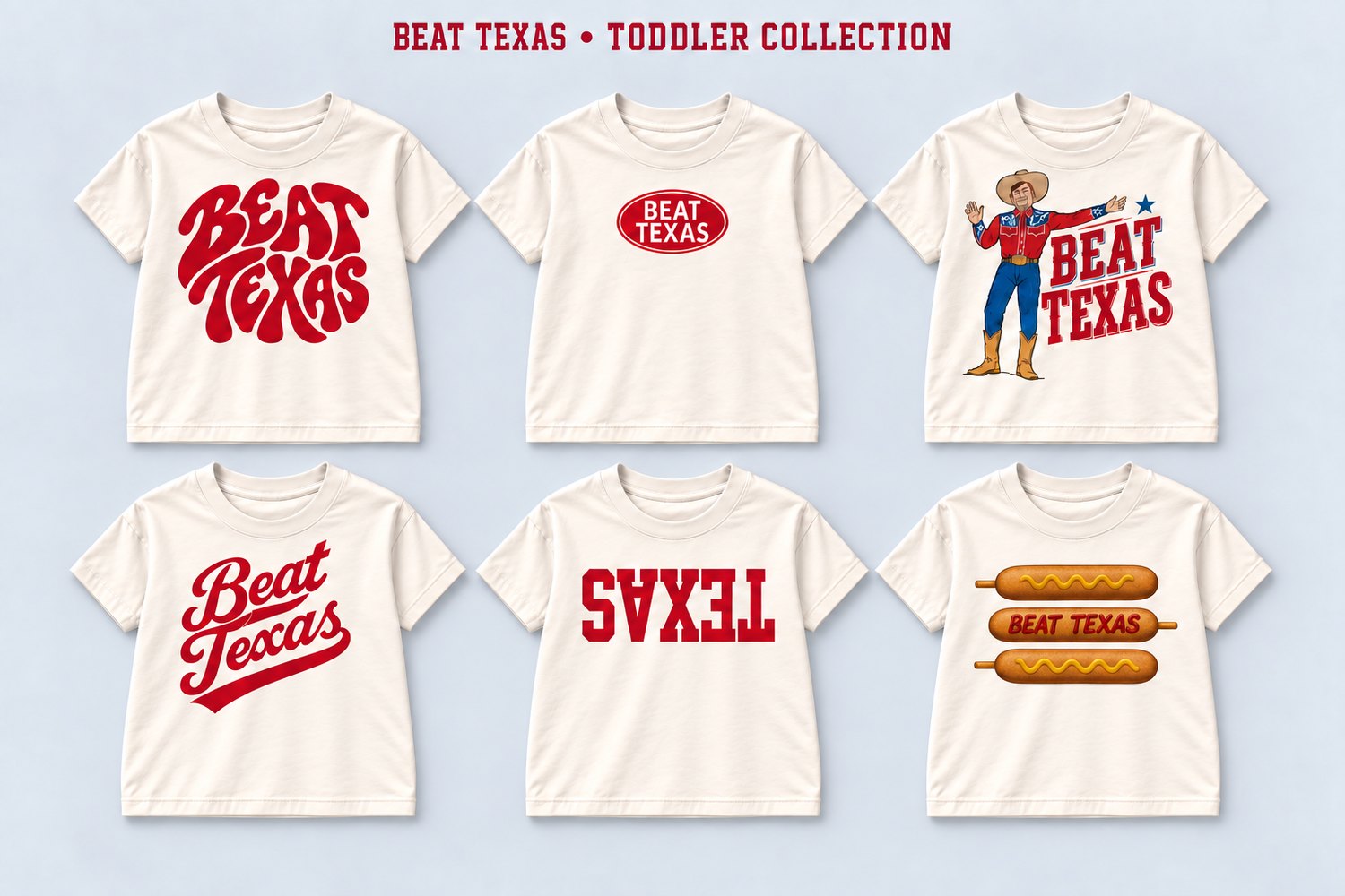 Beat Texas toddler tee collection, six designs on cream toddler tees