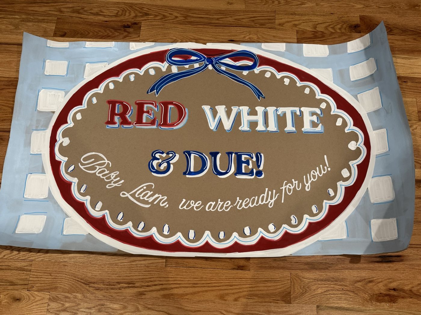 Red White and Due hand painted baby shower banner