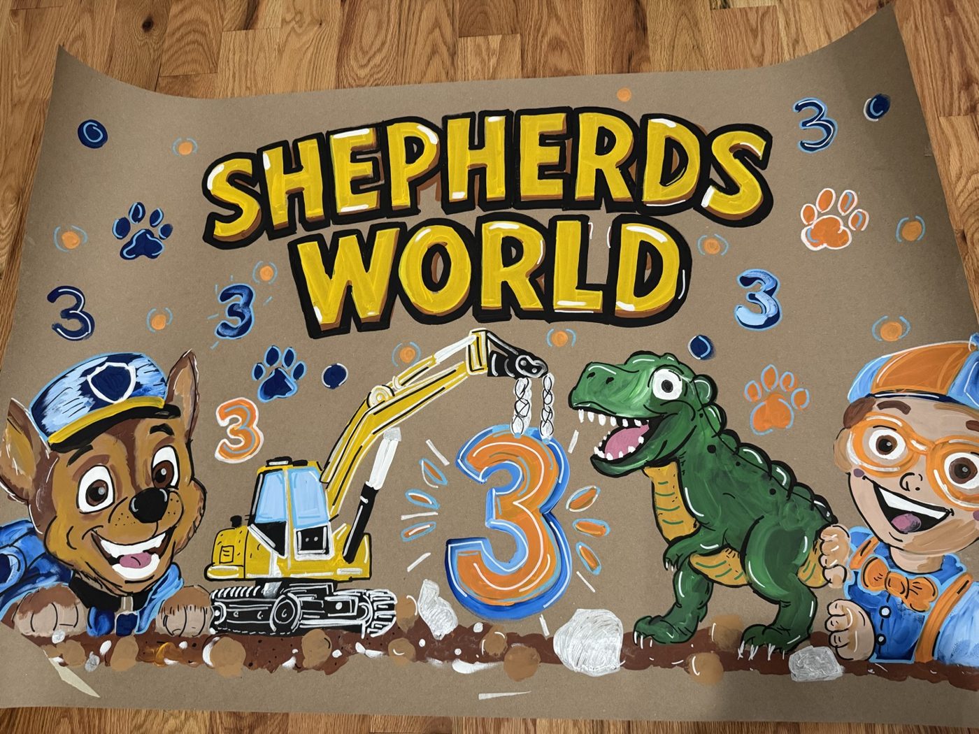 Hand painted third birthday banner with characters