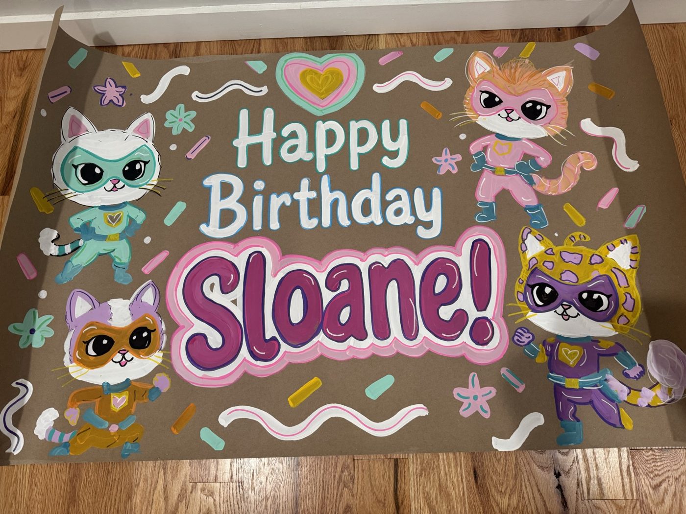Happy Birthday Sloane hand painted banner with cats