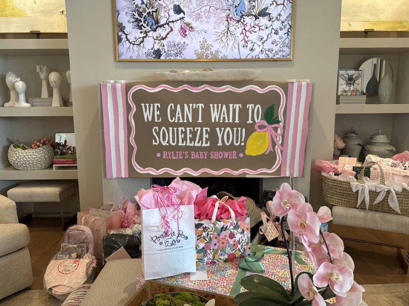 Lemon baby shower banner styled at the party