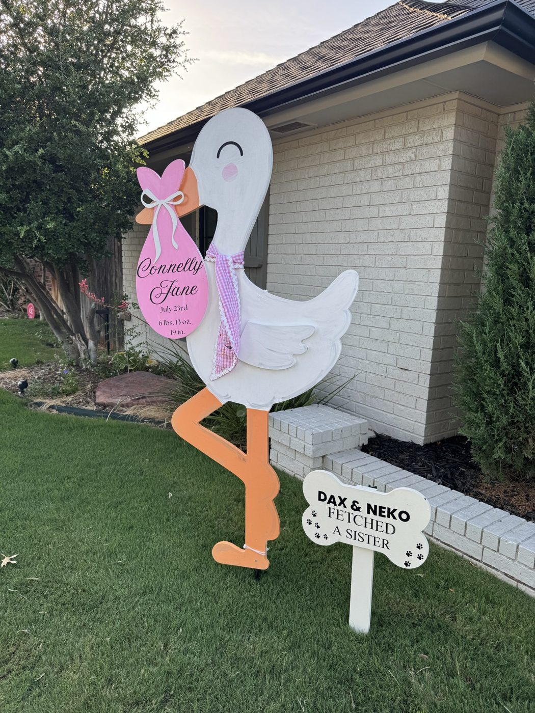 Personalized stork yard sign with pet name signs